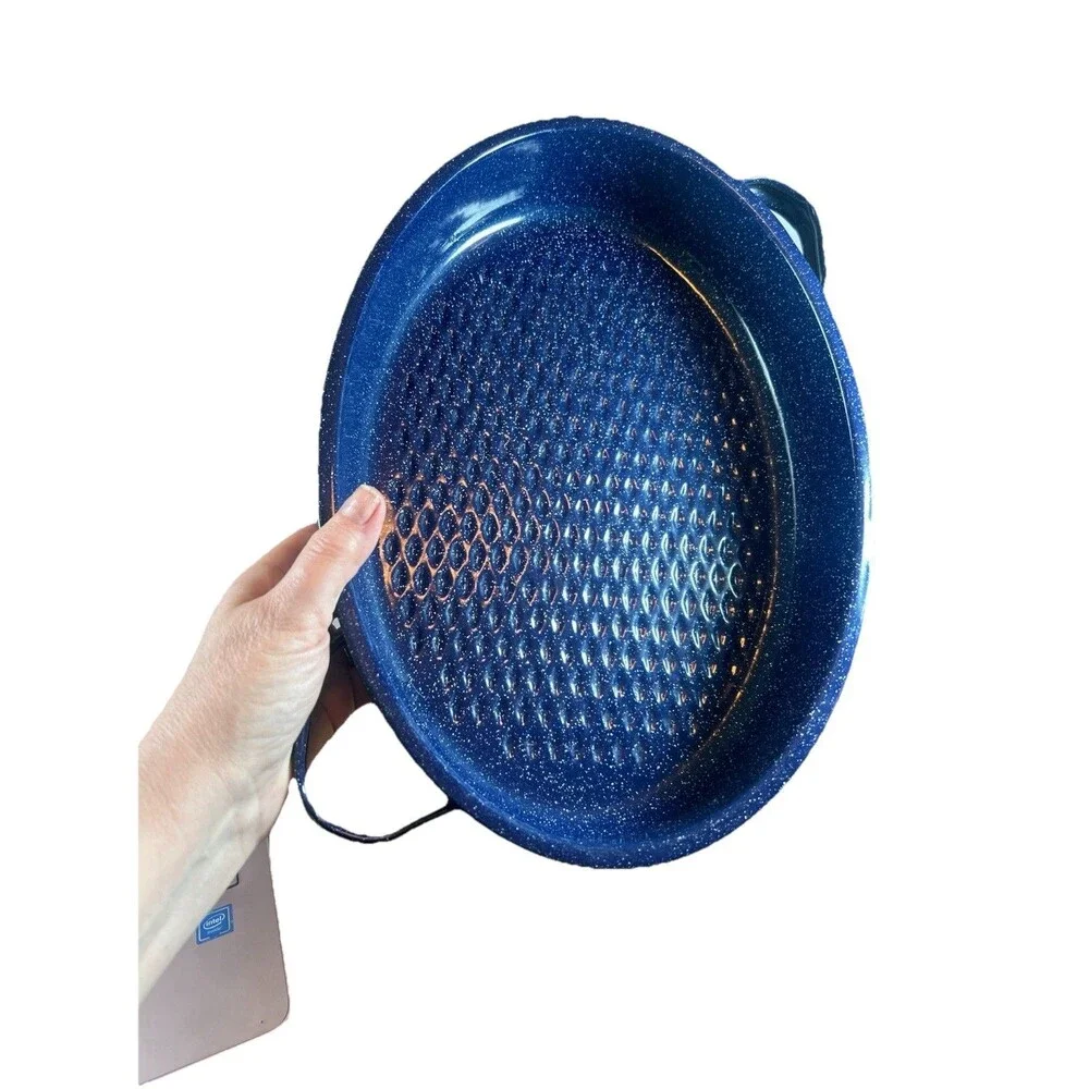 Vintage Blue Speckled Enamel Roasting Pan 14x9.5 Oval w/ Handles Bakeware
